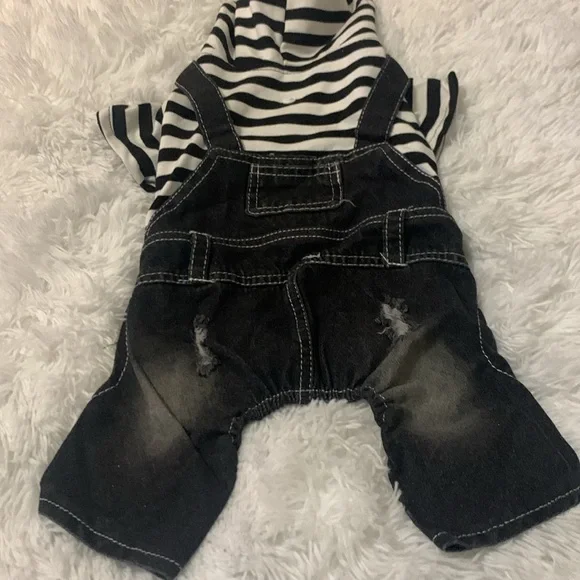 Dog One Pc Fashion Outfit Denim Overall Striped Hoodie Size Large - Picture 2 of 4